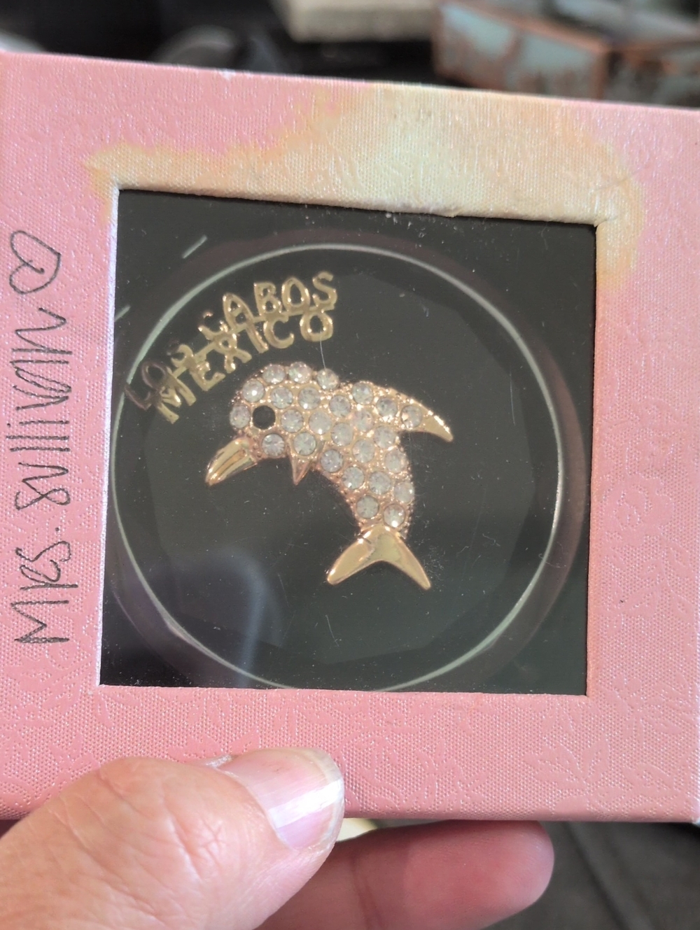 Mexico Dolphin Crystal Compact Mirror - Gold Tone